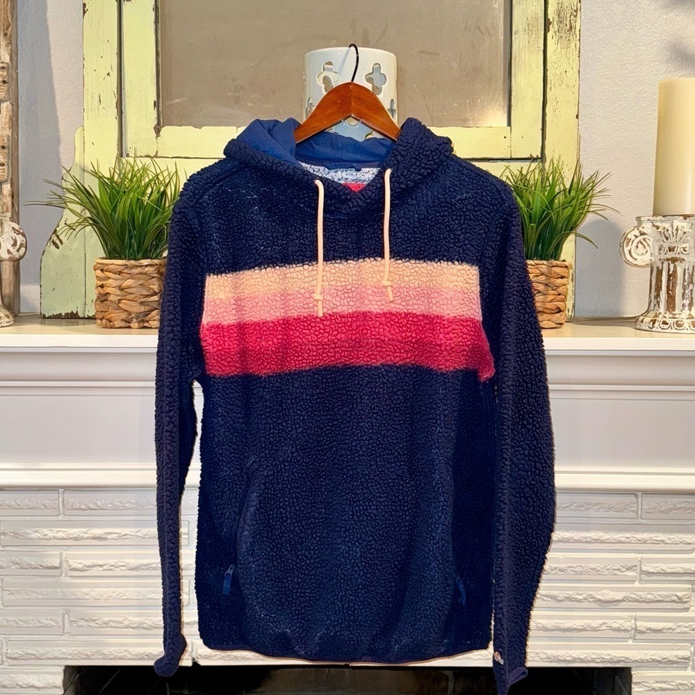 CHUBBIES Men's The Skeason Polar Fleece Cozy Hoodie Blue Pink Stripes Size M